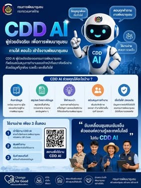 ขอเชิญชวน หน่วยงานภาคีเครือข่าย และประชาชนทั่วไปที่สนใจใช้งานระบบ CDD AI แพลตฟอร์มผู้ช่วยอัจฉริยะของกรมการพัฒนาชุมชน"